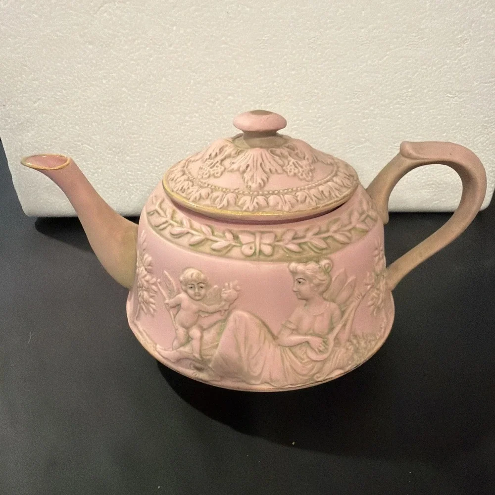 Antique Schafer‎ & Vater Pink German Jasperware Teapot Cherubs Fairies Porcelain